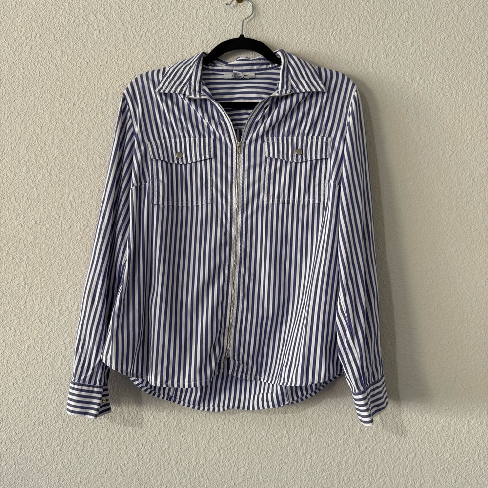 Tracy M Navy and White Striped Zip Down Shirt